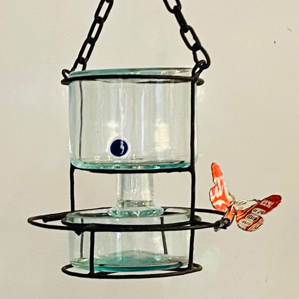 Blown glass - bottle in metal stand birdfeeder