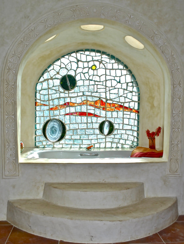 Dalle de Verre 'Queens Bath' ~ 1.5m x 1.5m & vanity rounds over sink 0.8m & 0.6m dia