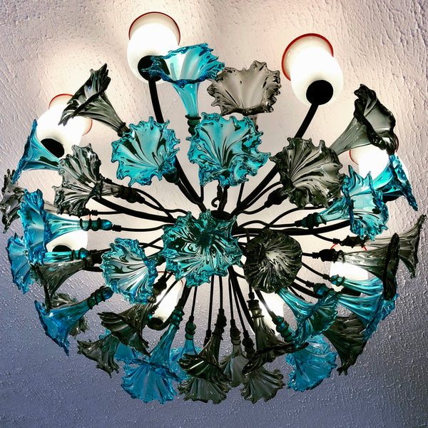Chandelier 'Kitengela Classic' 8 light cups, turquoise & grey flowers