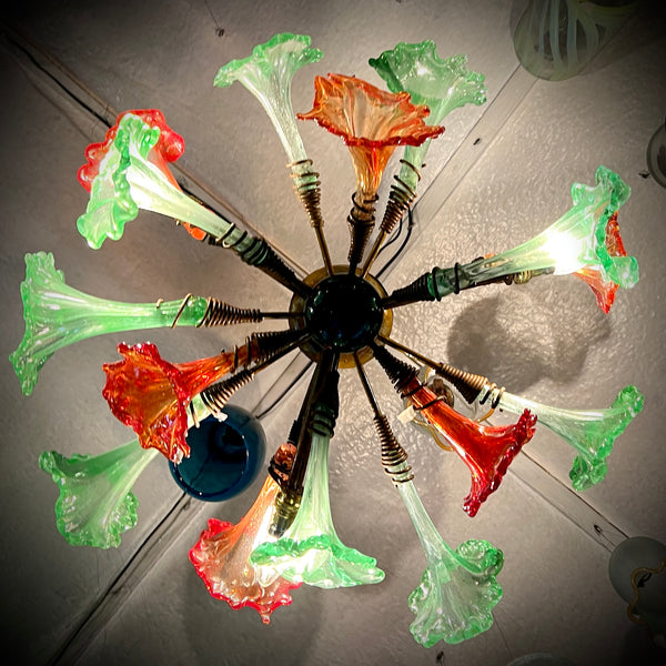 Chandelier 'Kitengela' 80cm dia, 3 lights, 15 red & green flowers