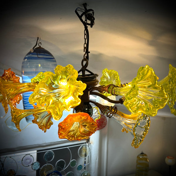 Chandelier 'Kitengela' 80cm dia, 3 lights, 15 yellow & orange flowers