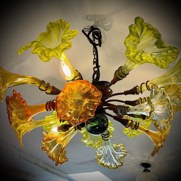 Chandelier 'Kitengela' 80cm dia, 3 lights, 15 yellow & orange flowers