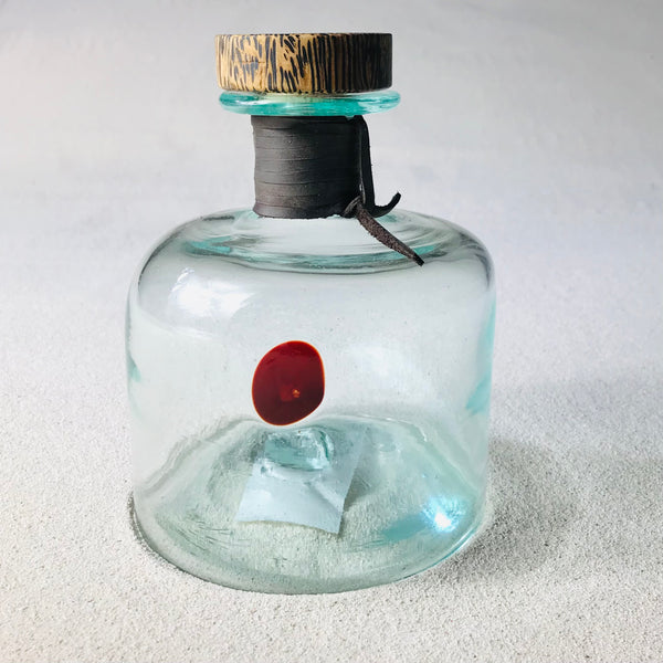 Blown glass - bottle with leather webbing & palm wood stopper