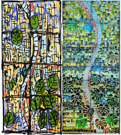 Dalle de Verre 'Abstract with Monstera leaves' panel ~ 4.8 x 2.1m