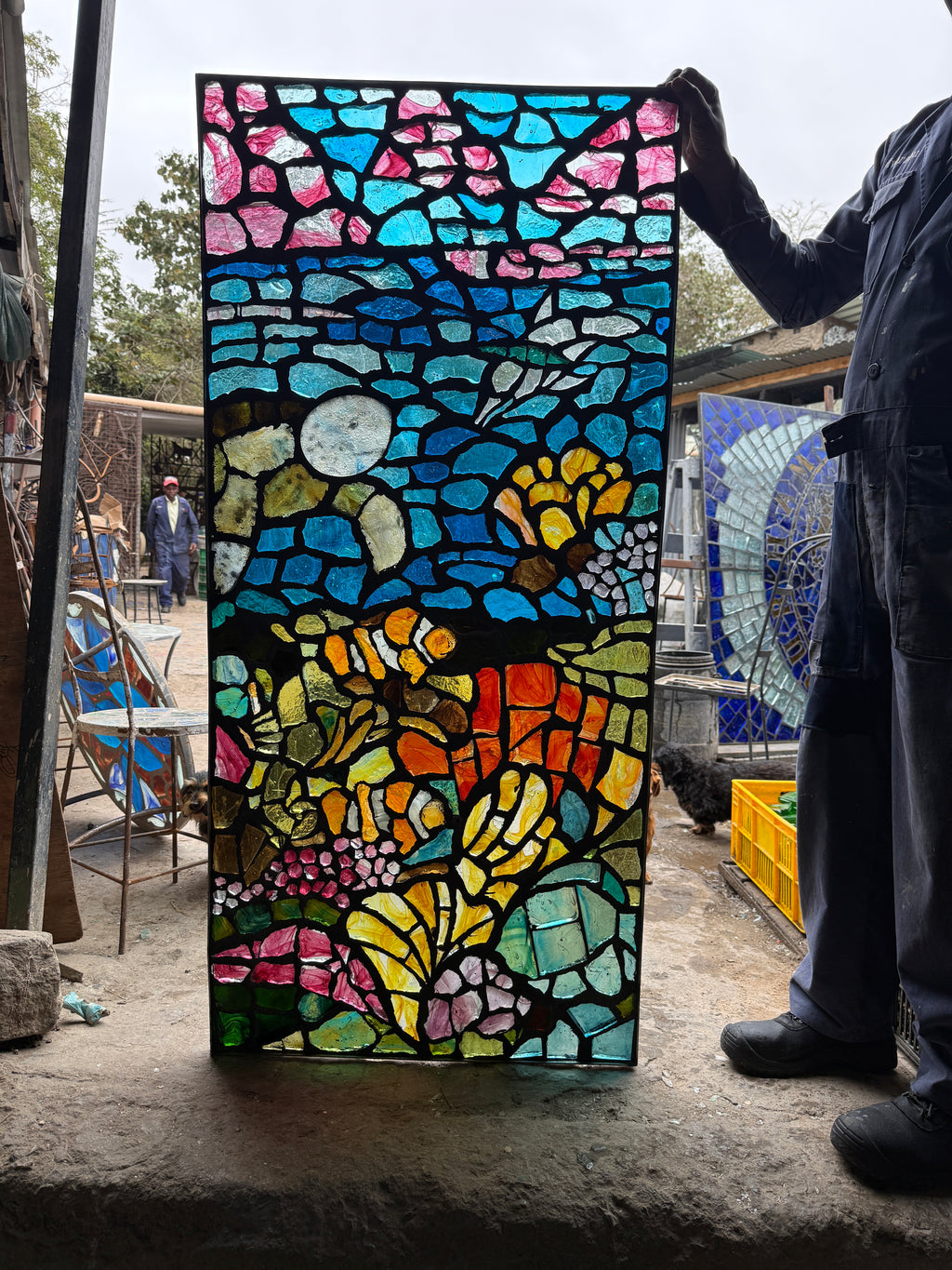 Dalle de Verre 'Coral Reef' panel ~ 0.7 x 1.5m