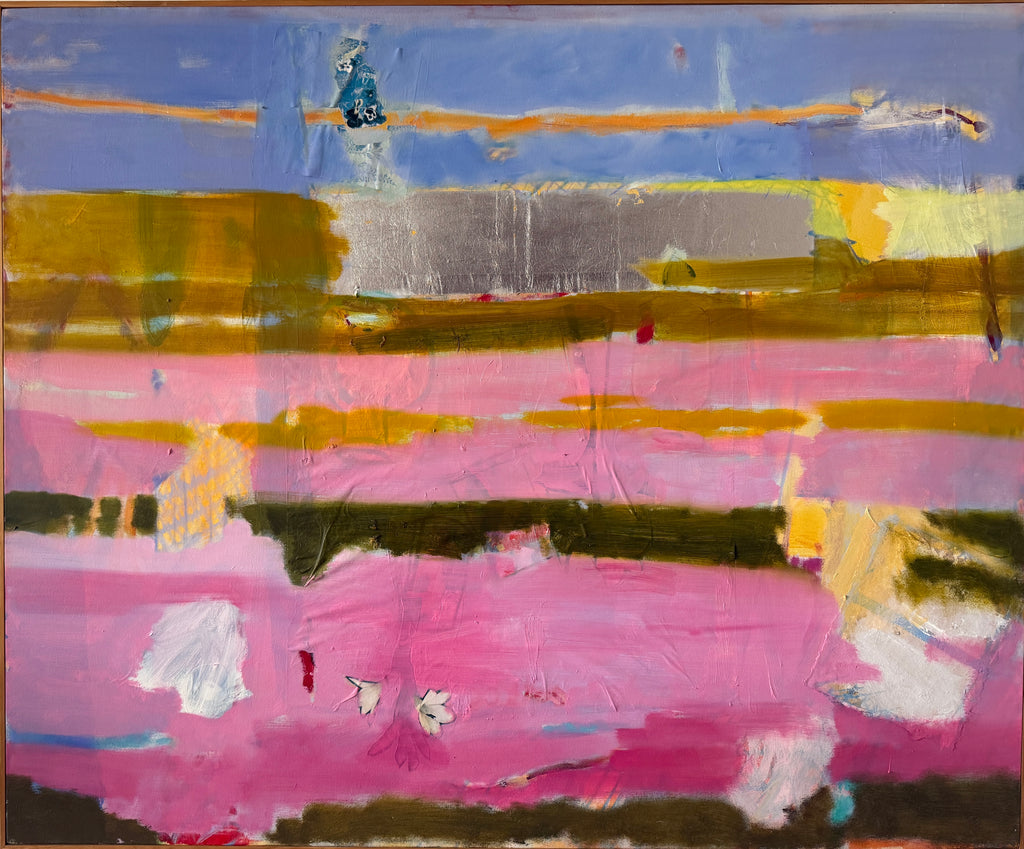 Painting - Mary Collis 'Pink Savanah Drift' - oil on canvas w silver leaf - 141cm x 117cm 2018