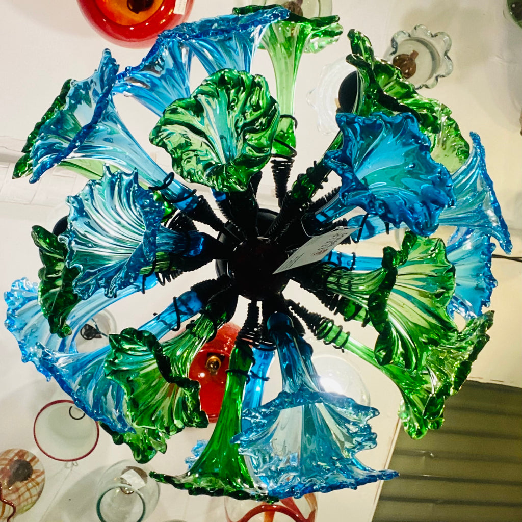Chandelier 'Kitengela' 3 lights, 24 green and turquoise flowers