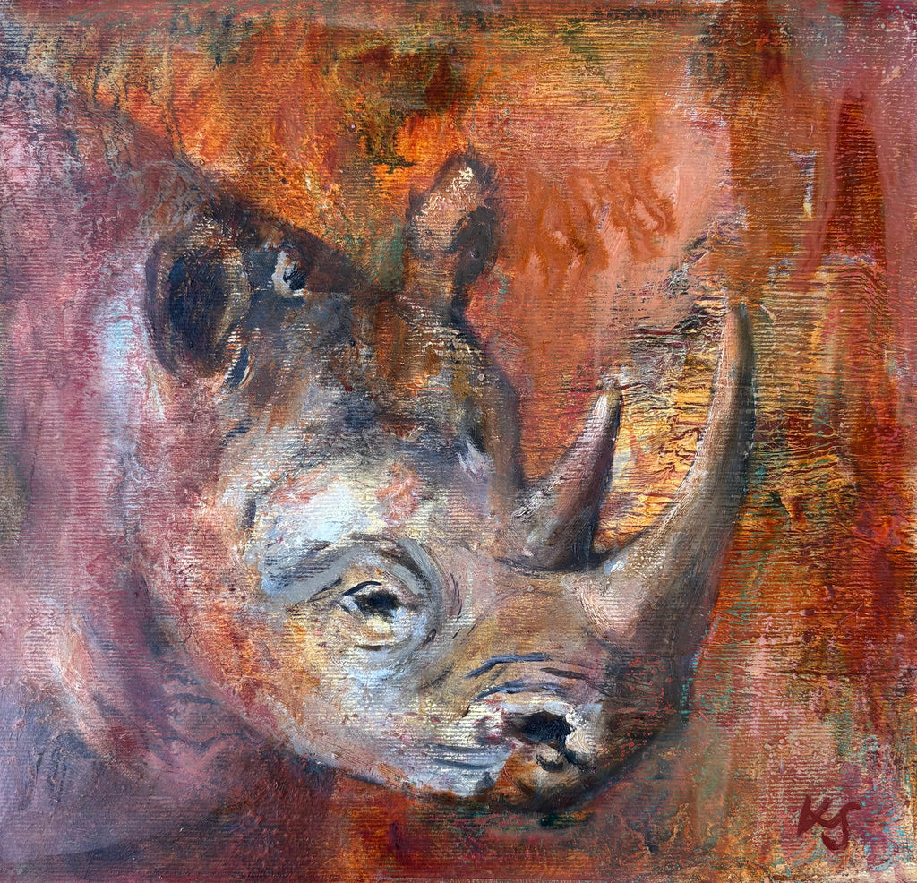 Painting - Katie Simpson ‘Curious Rhino’ - mixed media on paper, framed - 33cm x 33cm 2025