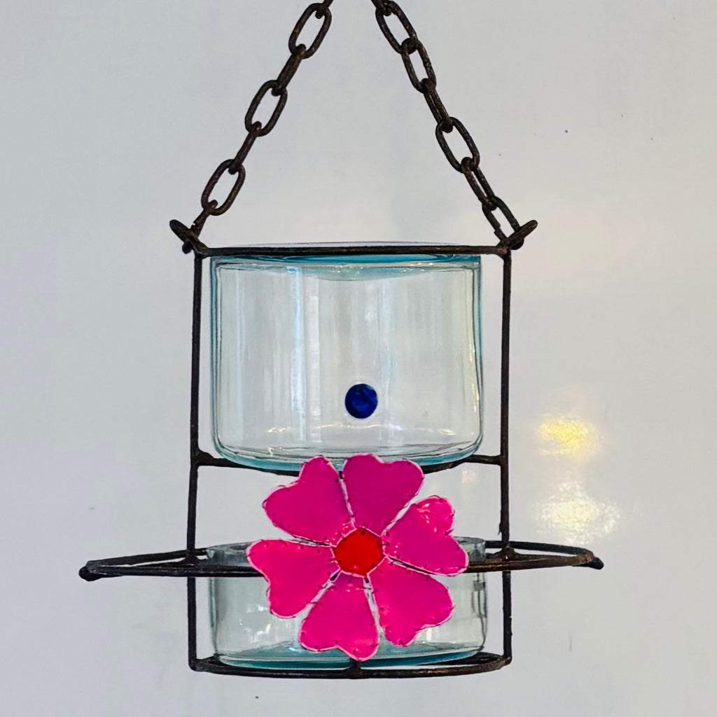Blown glass - bottle in metal stand birdfeeder