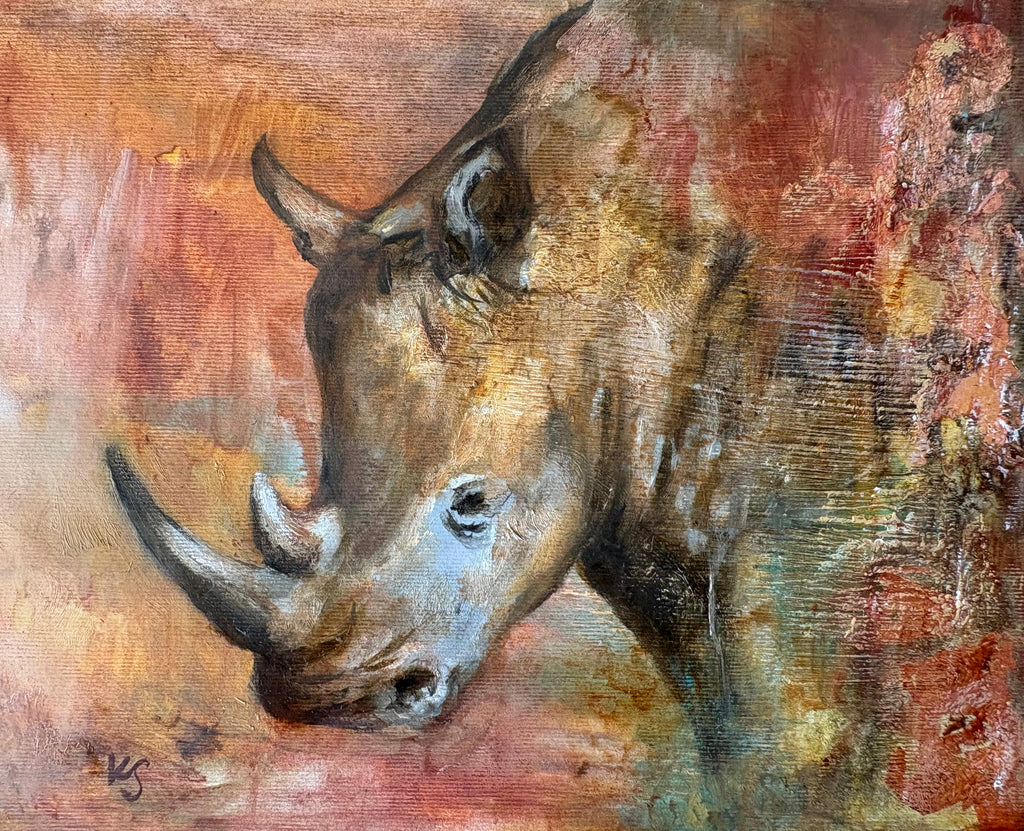 Painting - Katie Simpson ‘Copper Rhino’ - mixed media on paper, framed behind glass - 40cm x 33cm 2026