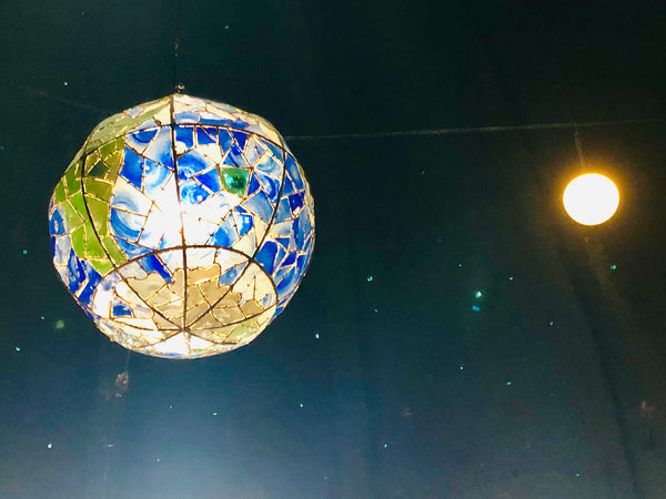 Chandelier 'Battered Earth' hanging globe ~ 3m dia