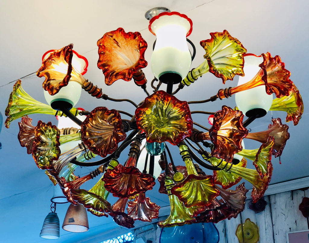 Chandelier 'Kitengela Classic' 6 light cups, red & yellow flowers