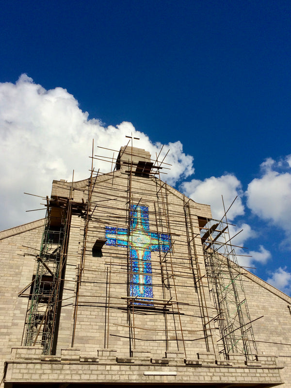 Dalle de Verre for St. Francis Church, Karen - facade cross, window crowns & main entry surround.