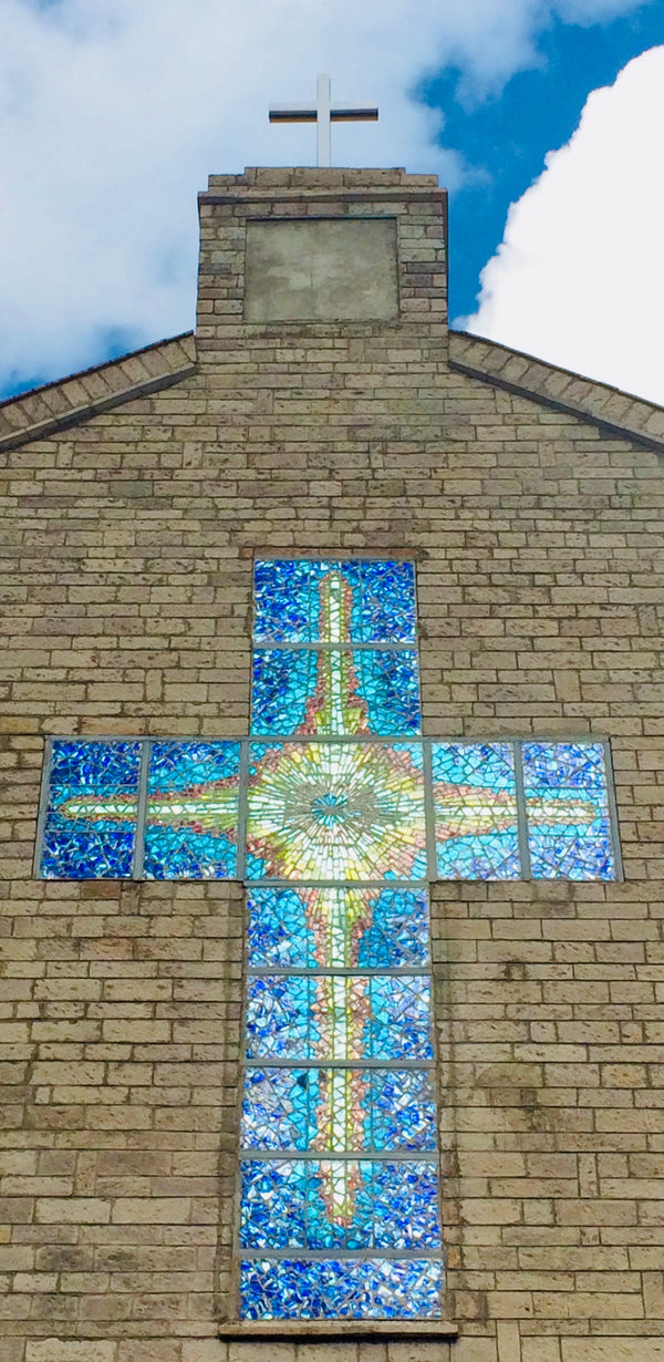Dalle de Verre for St. Francis Church, Karen - facade cross, window crowns & main entry surround.