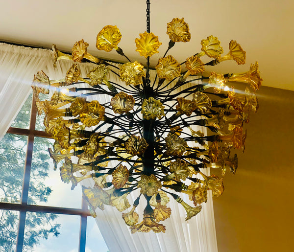 Chandelier 'Gold', bare bulbs, gold flowers, 1.8m