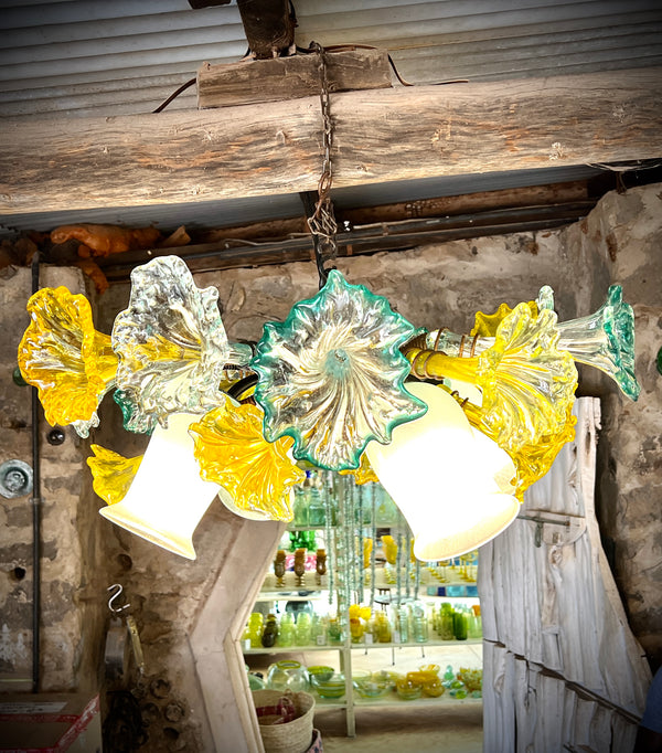 Chandelier ‘Downlighter' 72cm dia, 4 light cups, 16 teal rim & yellow flowers