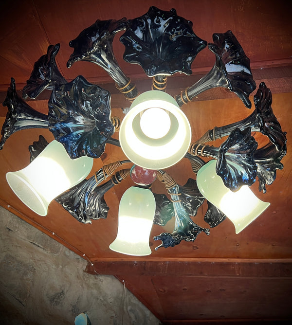 Chandelier 'Kitengela Classic' 80cm dia, 4 light cups, 16 black flowers
