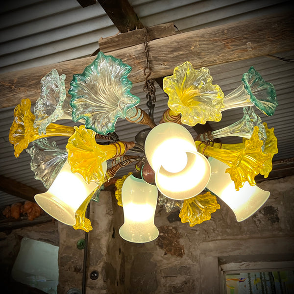 Chandelier ‘Downlighter' 72cm dia, 4 light cups, 16 teal rim & yellow flowers