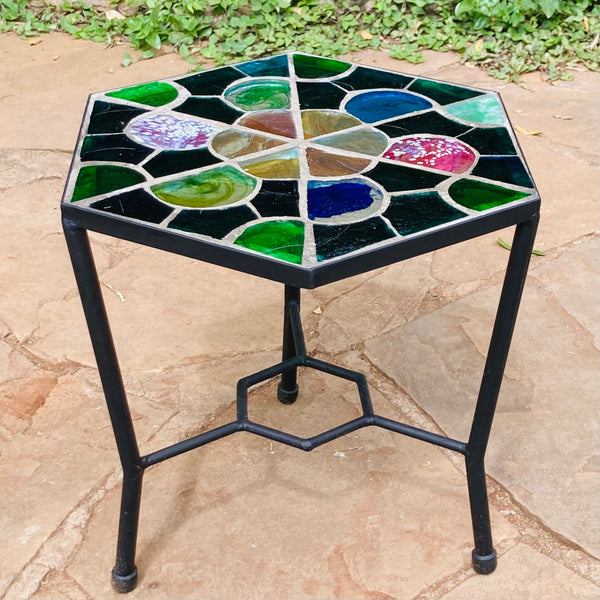 Dalle de Verre coffee table ~ 50 x 40cm hexagon, 48cm high